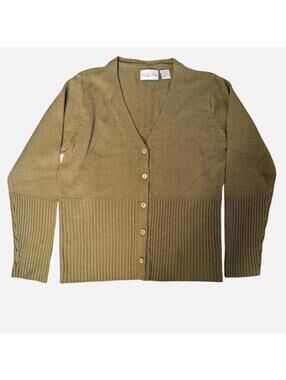 1990s Marla Kim Olive Green Cable Knit Cardigan Sweater Vintage  Large